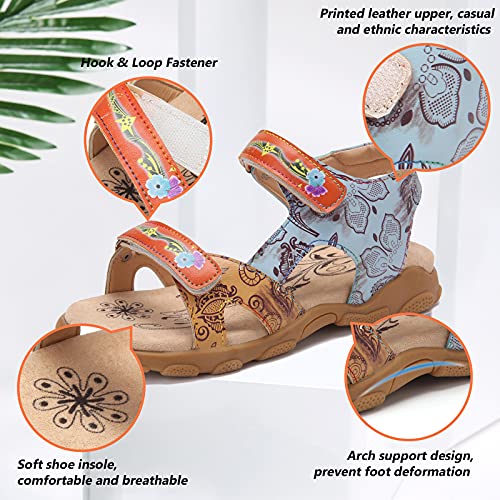 Camfosy Sandalias Planas de Senderismo de Cuero para Mujer,Sandalias Deportivas Verano al Aire Libre Vacaciones Ocio Zapatos Hechos a Mano Cierre Velcro Ajustable Descalzos