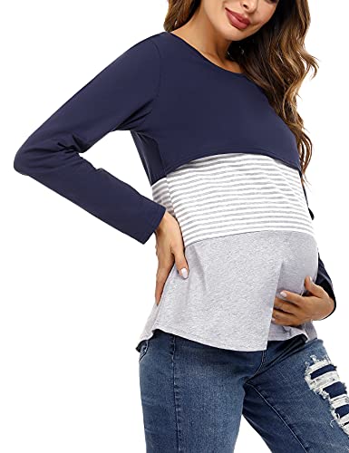 Camisa Lactancia Mujer Algodón con Mangas Largas Camiseta de Premamá Embarazada a Rayas Suave Cómodo Blusa Ropa de Amamantar Maternidad Transpirable