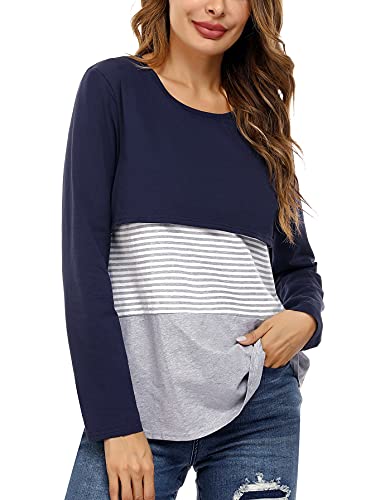 Camisa Lactancia Mujer Algodón con Mangas Largas Camiseta de Premamá Embarazada a Rayas Suave Cómodo Blusa Ropa de Amamantar Maternidad Transpirable