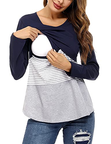Camisa Lactancia Mujer Algodón con Mangas Largas Camiseta de Premamá Embarazada a Rayas Suave Cómodo Blusa Ropa de Amamantar Maternidad Transpirable