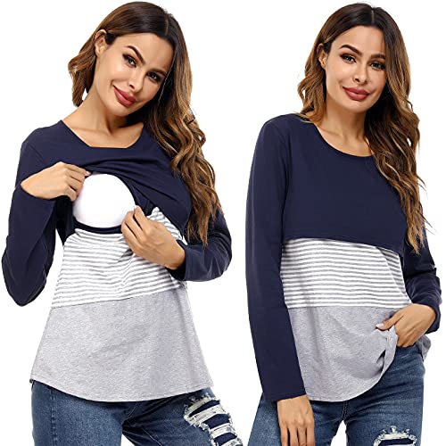 Camisa Lactancia Mujer Algodón con Mangas Largas Camiseta de Premamá Embarazada a Rayas Suave Cómodo Blusa Ropa de Amamantar Maternidad Transpirable