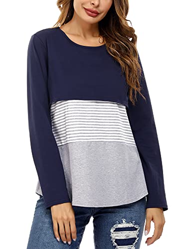 Camisa Lactancia Mujer Algodón con Mangas Largas Camiseta de Premamá Embarazada a Rayas Suave Cómodo Blusa Ropa de Amamantar Maternidad Transpirable