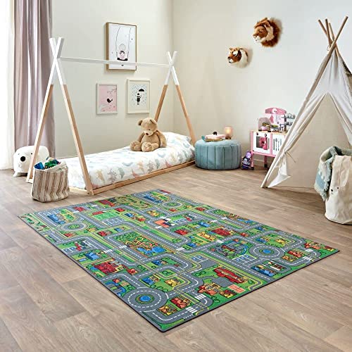 Carpet Studio Alfombra Carretera 140x200cm, Alfombra Infantil para Dormitorio & Cuarto de Jugar, Lavable a Máquina, Fácil de Limpiar, Anti-Deslizante - Playcity