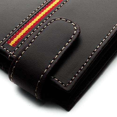 Cartera Hombre Marrón Piel tratada LEGADO con Bandera España Cartera Ubrique Regalo Pulsera Bandera españa (Horizontal Marrón Vox II Broche)