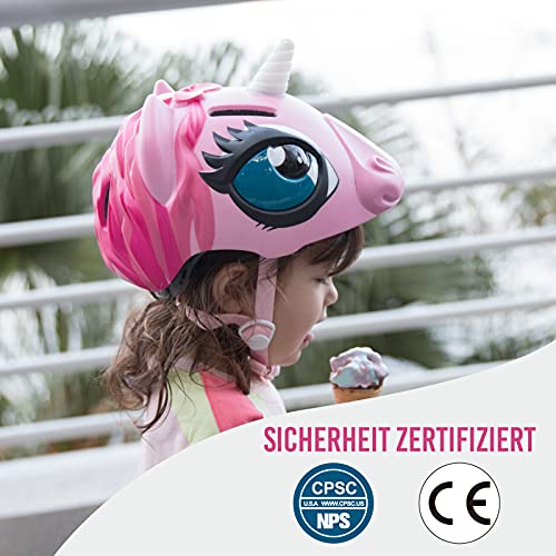 Casco de bicicleta infantil con diseño de unicornio, de seguridad ajustable, para niños de 3 a 8 años, para niños y niñas, con certificado CE (49 a 55 cm), color rosa