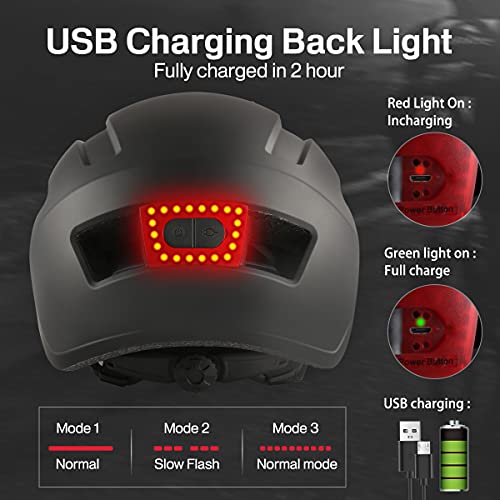 Casco de Bicicleta para Adultos Casco de Ciclismo con Luz USB Recargable para Viajeros Urbanos Scooter Eléctrico Certificado CE de Carretera de Montaña Ligero Ajustable para Hombres Mujeres(L)