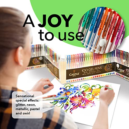 Castle Art Supplies Estuche 100 Bolígrafos Gel Colorear, Profesionales | Caja Premium | Dibujos, Álbumes Recortes, Diarios | Efectos Increíbles: Espiral, Brillo, Neón, Pastel, Metálico, Punta Fina