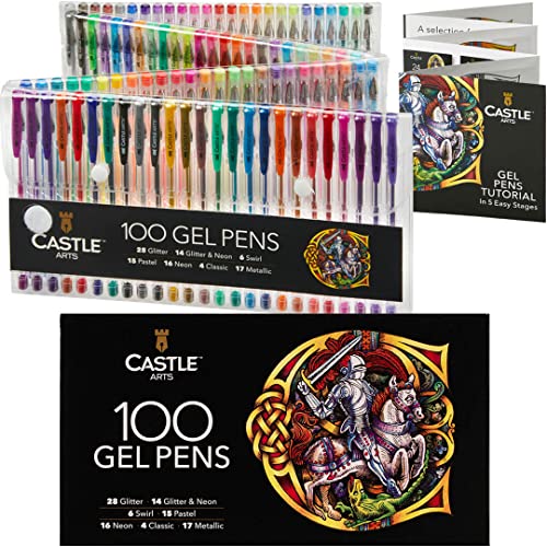 Castle Art Supplies Estuche 100 Bolígrafos Gel Colorear, Profesionales | Caja Premium | Dibujos, Álbumes Recortes, Diarios | Efectos Increíbles: Espiral, Brillo, Neón, Pastel, Metálico, Punta Fina