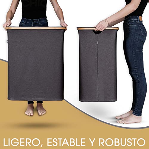 Cesta de ropa sucia con tapa 2 compartimentos con bolsas ropa extraíble XXL 140 l gris - Cestos Canasto para la ropa sucia - Cesto de la ropa con tapa grande bambu - Cesto colada ropa sucia estrecho