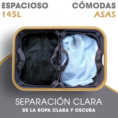 Cesta de ropa sucia con tapa 2 compartimentos con bolsas ropa extraíble XXL 140 l gris - Cestos Canasto para la ropa sucia - Cesto de la ropa con tapa grande bambu - Cesto colada ropa sucia estrecho