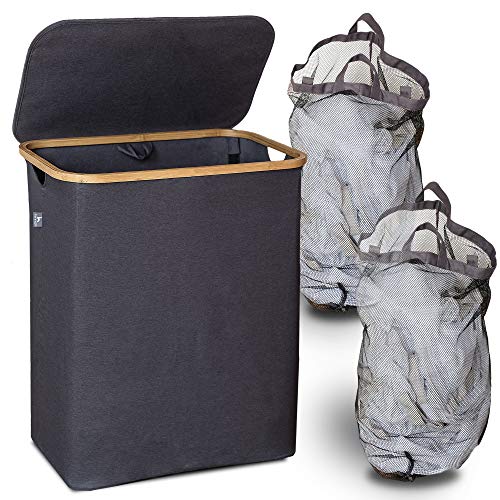 Cesta de ropa sucia con tapa 2 compartimentos con bolsas ropa extraíble XXL 140 l gris - Cestos Canasto para la ropa sucia - Cesto de la ropa con tapa grande bambu - Cesto colada ropa sucia estrecho