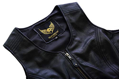 Chaleco de cuero para mujer Chaqueta sin mangas de cuero de búfalo de grano superior genuino negro / Chaleco M (10)