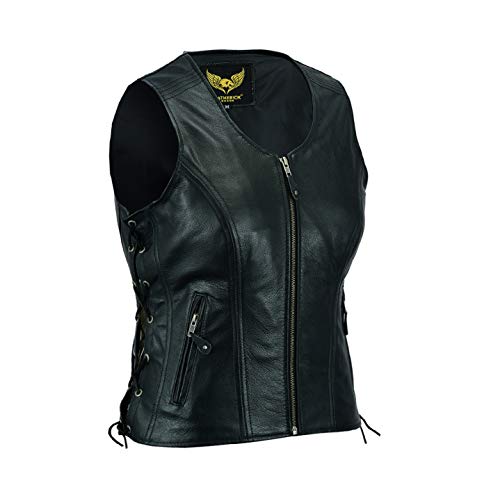 Chaleco de cuero para mujer Chaqueta sin mangas de cuero de búfalo de grano superior genuino negro / Chaleco M (10)