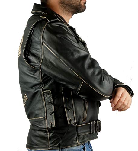 Chaqueta de moto de cuero envejecido de gran calidad,modelo AGUILA by Iguana Custom Collection cruzada con grabado, protecciones homologadas y forro térmico desmontable (L)