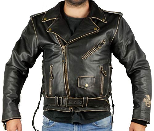 Chaqueta de moto de cuero envejecido de gran calidad,modelo AGUILA by Iguana Custom Collection cruzada con grabado, protecciones homologadas y forro térmico desmontable (L)