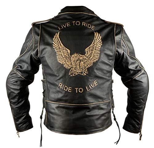 Chaqueta de moto de cuero envejecido de gran calidad,modelo AGUILA by Iguana Custom Collection cruzada con grabado, protecciones homologadas y forro térmico desmontable (L)