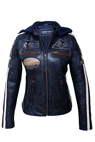 Chaqueta Moto Mujer de Cuero Urban Leather '58 LADIES', Cazadora Moto de Piel de Cordero, Armadura Removible para Espalda, Hombros y Codos Aprobada por la CE, Navy Azul, S (UR-176)