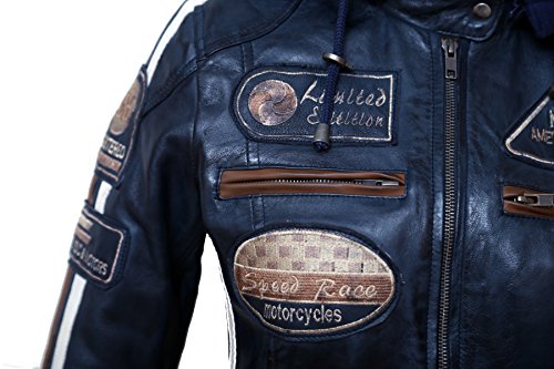 Chaqueta Moto Mujer de Cuero Urban Leather '58 LADIES', Cazadora Moto de Piel de Cordero, Armadura Removible para Espalda, Hombros y Codos Aprobada por la CE, Navy Azul, S (UR-176)