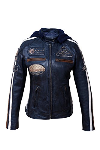 Chaqueta Moto Mujer de Cuero Urban Leather '58 LADIES', Cazadora Moto de Piel de Cordero, Armadura Removible para Espalda, Hombros y Codos Aprobada por la CE, Navy Azul, S (UR-176)