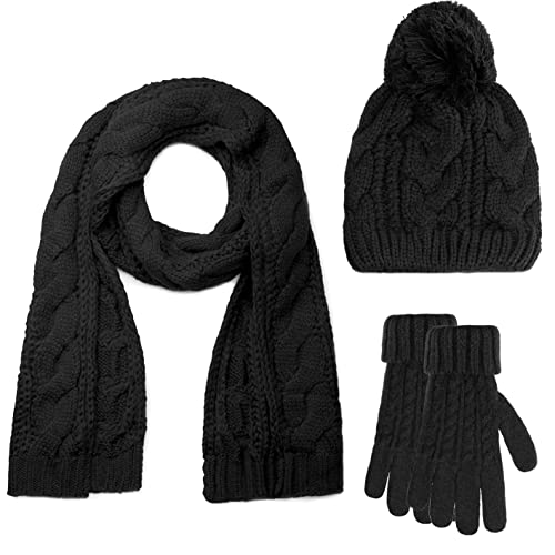 CheChury Conjunto de Bufanda Gorro de Punto y Guantes Mujer Invierno Beanie Con pompón Cozy Grande Bufanda Sombrero Guantes de pantalla táctil Moda Suave y Cálida Caliente Guantes Invierno Regalos