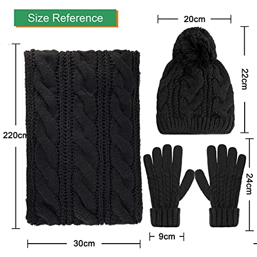 CheChury Conjunto de Bufanda Gorro de Punto y Guantes Mujer Invierno Beanie Con pompón Cozy Grande Bufanda Sombrero Guantes de pantalla táctil Moda Suave y Cálida Caliente Guantes Invierno Regalos