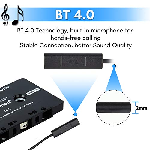 CICMOD Adaptador de Cassette para Coche de BT 4.0 con Manos Libres Incorporada para Llamada Negro