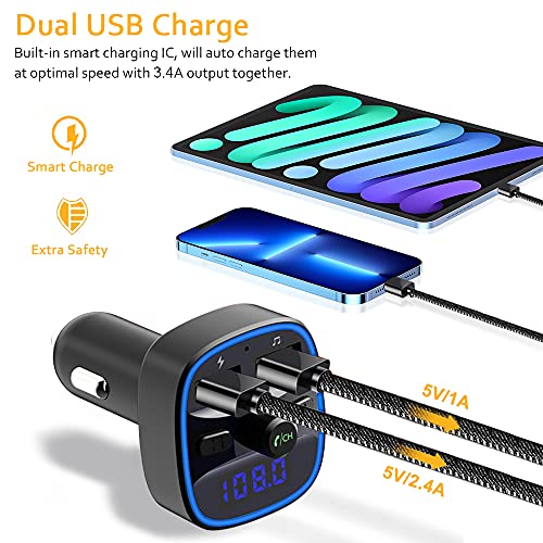 Cocoda Transmisor FM Bluetooth, [Luz de Anillo Azul] Manos Libres para Coche, Inalámbrico Reproductor MP3 Mechero Coche Adaptador Receptor con Dual USB 5V/2.4A & 1A, Soporte Tarjetas SD + U Disk