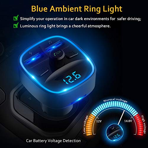 Cocoda Transmisor FM Bluetooth, [Luz de Anillo Azul] Manos Libres para Coche, Inalámbrico Reproductor MP3 Mechero Coche Adaptador Receptor con Dual USB 5V/2.4A & 1A, Soporte Tarjetas SD + U Disk