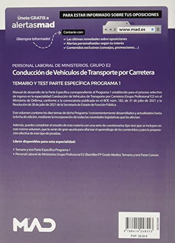 Conducción de Vehículos de Transporte por Carretera (Grupo Profesional E2) del Ministerio de Defensa. Temario y test Parte Específica Programa 1