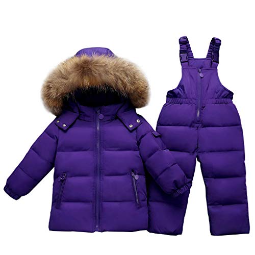 Conjunto de Esquí 2 Piezas Traje de Nieve - Chaqueta con Capucha + Pantalón de Esquí Niños Niñas Traje de Esquí Abrigos de Pluma Pantalones de Nieve de Babero Impermeable, Púrpura 4-5 Años