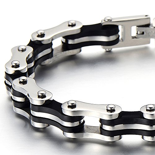 COOLSTEELANDBEYOND Masculino Pulsera de Hombre, Brazalete de Acero, Bike Chain, Cadena Bici, Color Negro Plata, con Caucho Negro