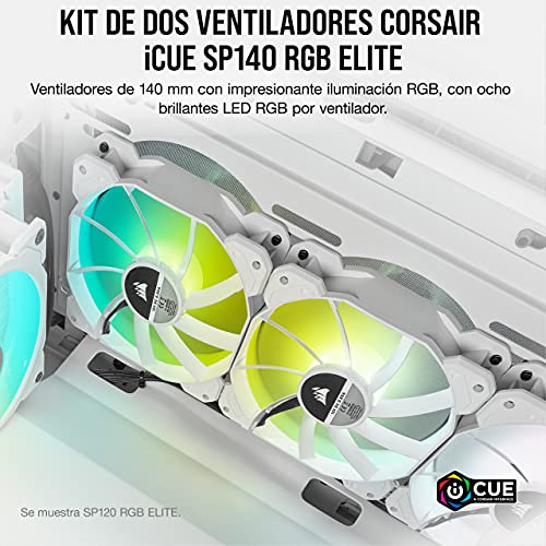 Corsair iCUE SP140 RGB ELITE 140mm PWM Set de dos ventiladores con iCUE Lighting Node CORE, Tecnología CORSAIR AirGuide, Ocho LED RGB direccionables, baja sonoridad de 18 dBA, hasta 1.200 RPM, Blanco