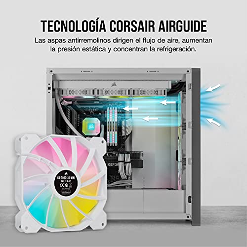 Corsair iCUE SP140 RGB ELITE 140mm PWM Set de dos ventiladores con iCUE Lighting Node CORE, Tecnología CORSAIR AirGuide, Ocho LED RGB direccionables, baja sonoridad de 18 dBA, hasta 1.200 RPM, Blanco