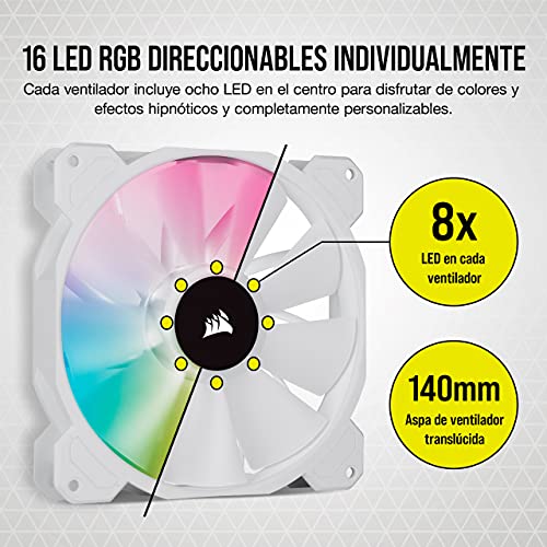 Corsair iCUE SP140 RGB ELITE 140mm PWM Set de dos ventiladores con iCUE Lighting Node CORE, Tecnología CORSAIR AirGuide, Ocho LED RGB direccionables, baja sonoridad de 18 dBA, hasta 1.200 RPM, Blanco