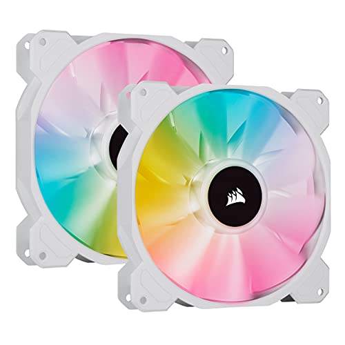 Corsair iCUE SP140 RGB ELITE 140mm PWM Set de dos ventiladores con iCUE Lighting Node CORE, Tecnología CORSAIR AirGuide, Ocho LED RGB direccionables, baja sonoridad de 18 dBA, hasta 1.200 RPM, Blanco