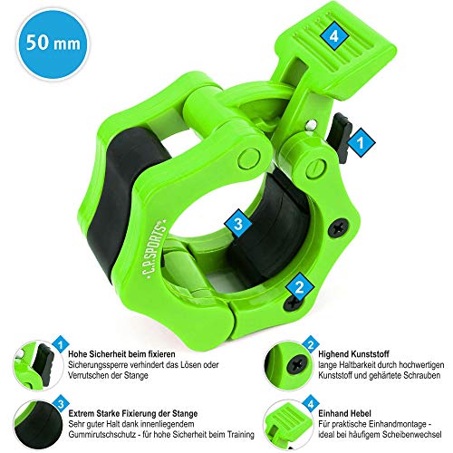 C.P. Sports - Cierre rápido para mancuernas, 30 mm, práctico cierre de mancuernas con una sola mano para un entrenamiento seguro y cambio rápido de discos, pinza de plástico resistente, color verde