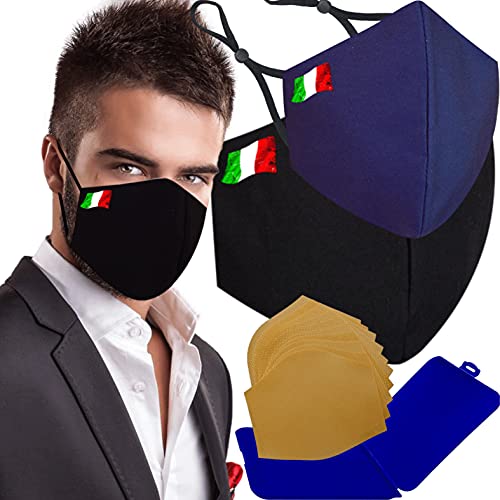 Cussi - Mascarilla de Tela Higiénica Reutilizable Homologada UNE 0065:20, Lavable hasta 20 ciclos-pack 2 mascarillas, Mask Case color aleatorio, filtros extra (NEGRO, AZUL MARINO-BANDERA ITALIA)