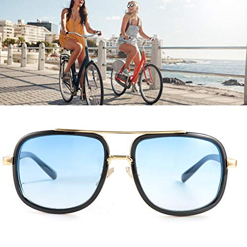 DAUERHAFT Gafas de Sol con Montura Redonda Grande Unisex Estilo Punk Vintage, Lentes Transparentes, Gafas de Sol, para Oficina, Familia, Playa, Lugares públicos(Película Azul Doble Marco Negro)