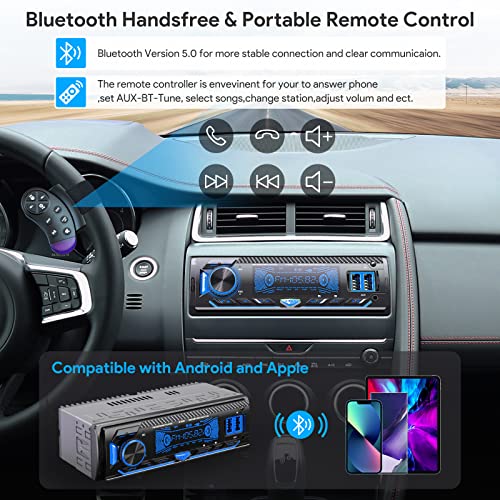 DAZZMO Autoradio Bluetooth RDS Radio Coche Siete Colores Ajustable, 1 DIN Autoradio Bluetooth 5.0 Manos Libres Soporta USB Cargar/SD/FM/AUX/WMA/WAV/MP3 Estéreo 65W X 4 Volante Control Remoto