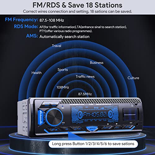 DAZZMO Autoradio Bluetooth RDS Radio Coche Siete Colores Ajustable, 1 DIN Autoradio Bluetooth 5.0 Manos Libres Soporta USB Cargar/SD/FM/AUX/WMA/WAV/MP3 Estéreo 65W X 4 Volante Control Remoto