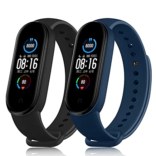 DEOU 2 Pack Correa Compatible con Xiaomi Mi Band 6 / Xiaomi Mi Band 5 / Amazfit Band 5,Coloridos Suave Silicona Pulseras de Repuesto para Mi Band 5 & Mi Band 6 & Amazfit Band 5(Negro/Azul Marino)