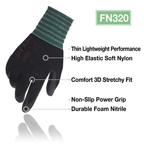 DEX FIT Guantes de Trabajo, Ajuste Cómodo Elástico 3D, Buen Agarre, Recubrimiento de Espuma Duradero de Nitrilo, Táctil, Lavable en la Lavadora, Fino y Ligero, 3 Pares (M, Fn320 Black 3pr)