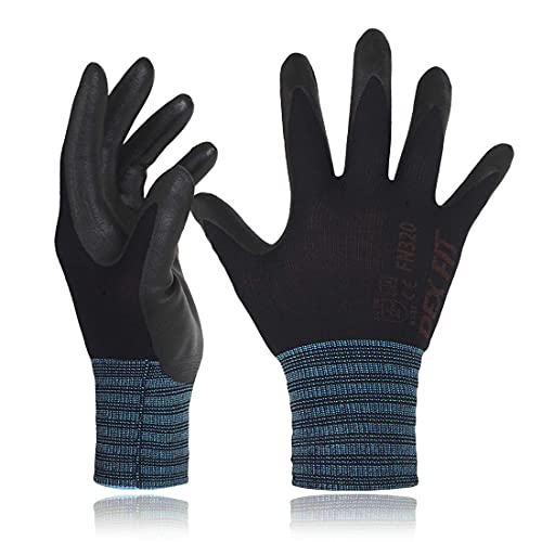 DEX FIT Guantes de Trabajo, Ajuste Cómodo Elástico 3D, Buen Agarre, Recubrimiento de Espuma Duradero de Nitrilo, Táctil, Lavable en la Lavadora, Fino y Ligero, 3 Pares (M, Fn320 Black 3pr)