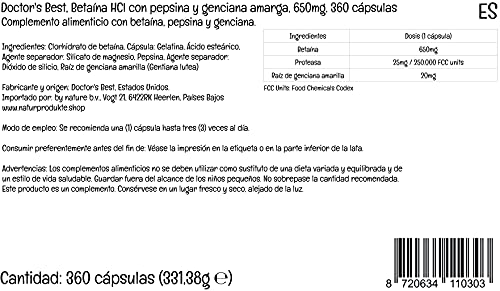 Doctor's Best, Betaína HCI con Pepsina y Genciana Amarga, 650 mg, 360 Cápsulas blandas, Altamente Dosificado, Probado en Laboratorio, Sin Soja, Sin Gluten, No GMO