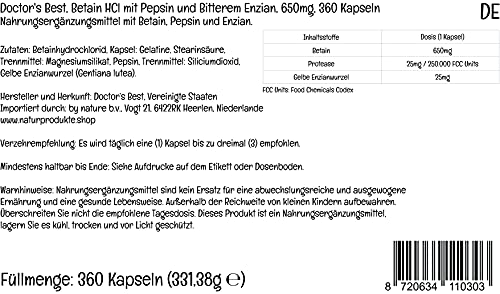 Doctor's Best, Betaína HCI con Pepsina y Genciana Amarga, 650 mg, 360 Cápsulas blandas, Altamente Dosificado, Probado en Laboratorio, Sin Soja, Sin Gluten, No GMO