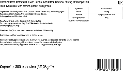 Doctor's Best, Betaína HCI con Pepsina y Genciana Amarga, 650 mg, 360 Cápsulas blandas, Altamente Dosificado, Probado en Laboratorio, Sin Soja, Sin Gluten, No GMO