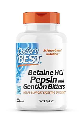 Doctor's Best, Betaína HCI con Pepsina y Genciana Amarga, 650 mg, 360 Cápsulas blandas, Altamente Dosificado, Probado en Laboratorio, Sin Soja, Sin Gluten, No GMO
