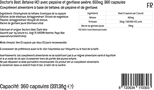 Doctor's Best, Betaína HCI con Pepsina y Genciana Amarga, 650 mg, 360 Cápsulas blandas, Altamente Dosificado, Probado en Laboratorio, Sin Soja, Sin Gluten, No GMO
