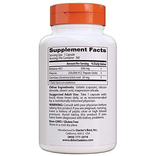 Doctor's Best - Betaine HCL, Pepsin y Gentian Bitters, 360 Cápsulas, sin gluten