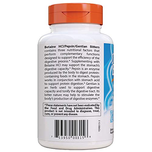 Doctor's Best - Betaine HCL, Pepsin y Gentian Bitters, 360 Cápsulas, sin gluten